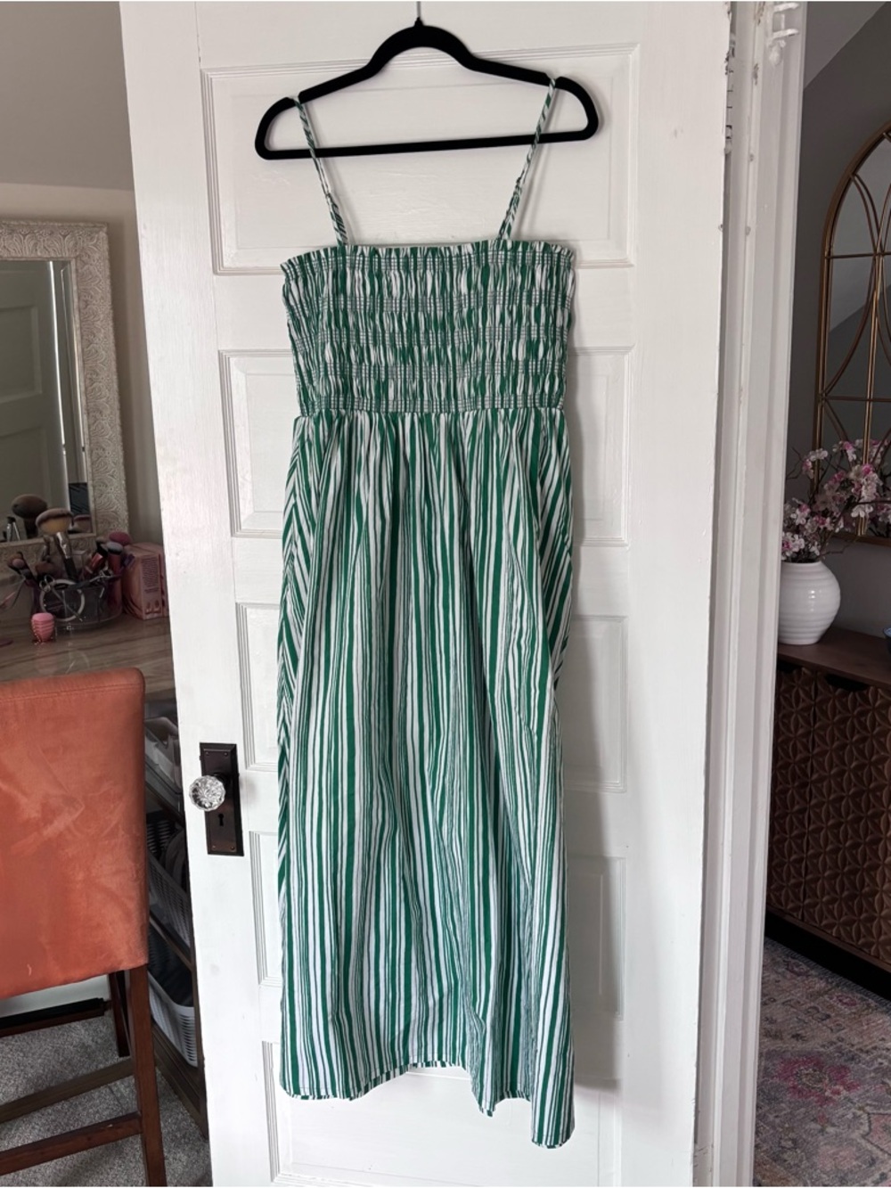 NWT 100% Cotton LOFT Green and White Striped Smocked Dress